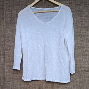 Cut Loose White Long Sleeve Boxy Linen V-Neck Top